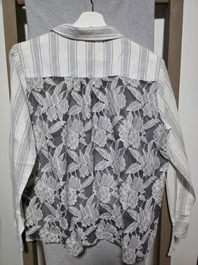 Mystree White and Gray Vertical Stripe Blouse with Lace Detail